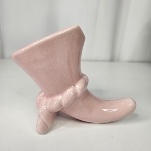 Vintage 50's Pink Pottery Cornucopia Flower Vase Mid-Century Cottage - Picture 4 of 8